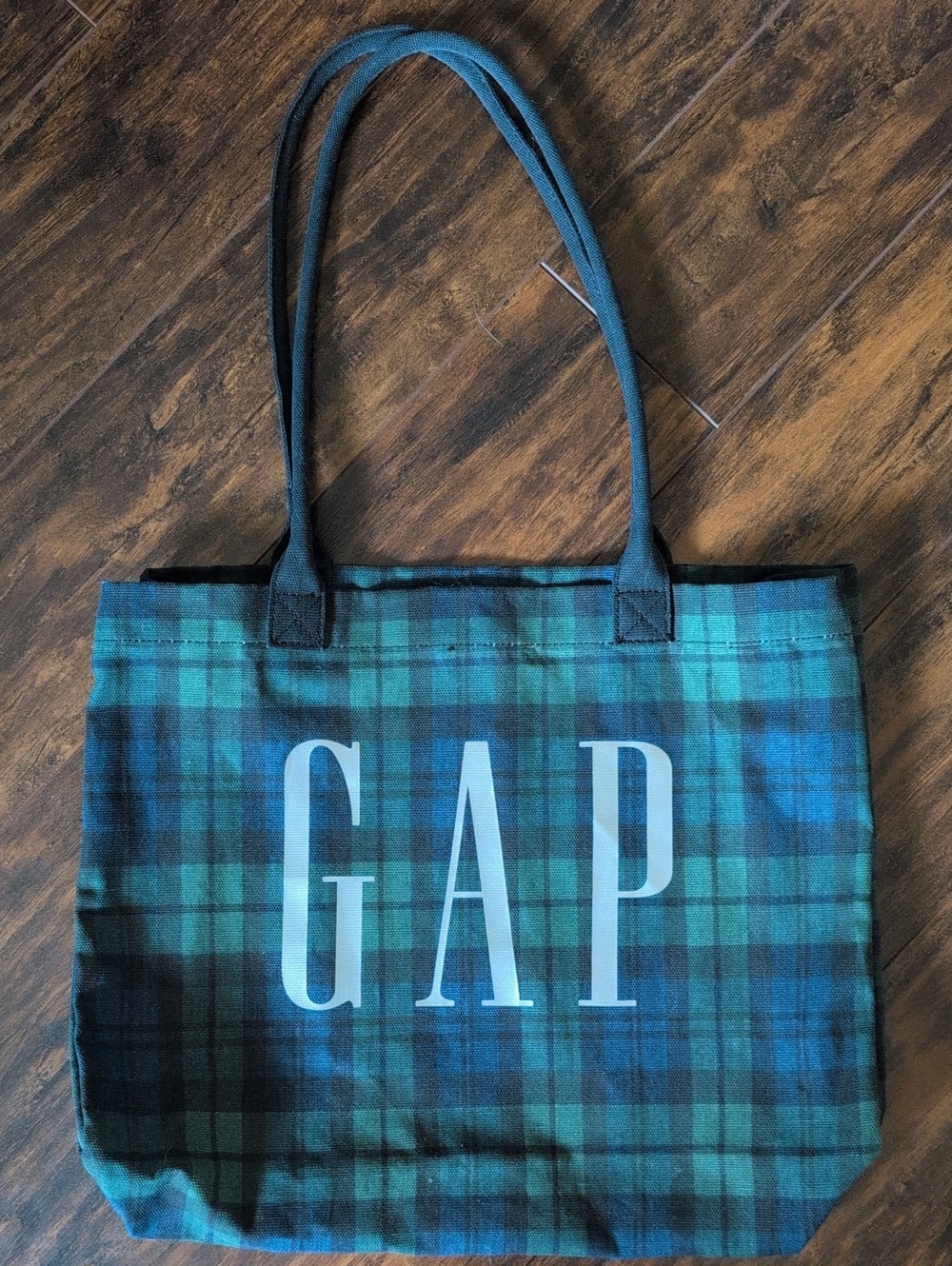 EUC GAP Teal and Navy Plaid Logo Tote